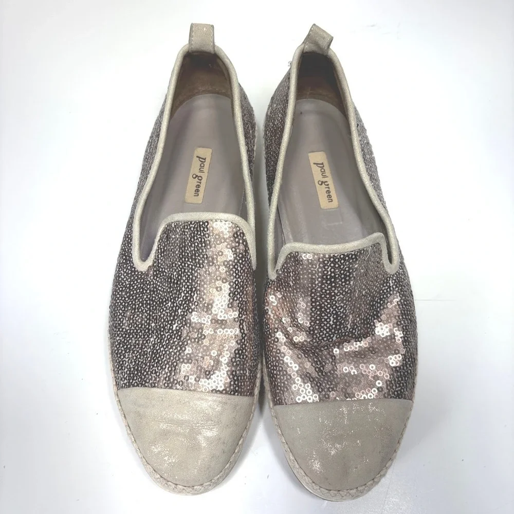 Paul Green Joaquin Women Silver Gold Sequin Espadrille Slip On Flats Size 6.5